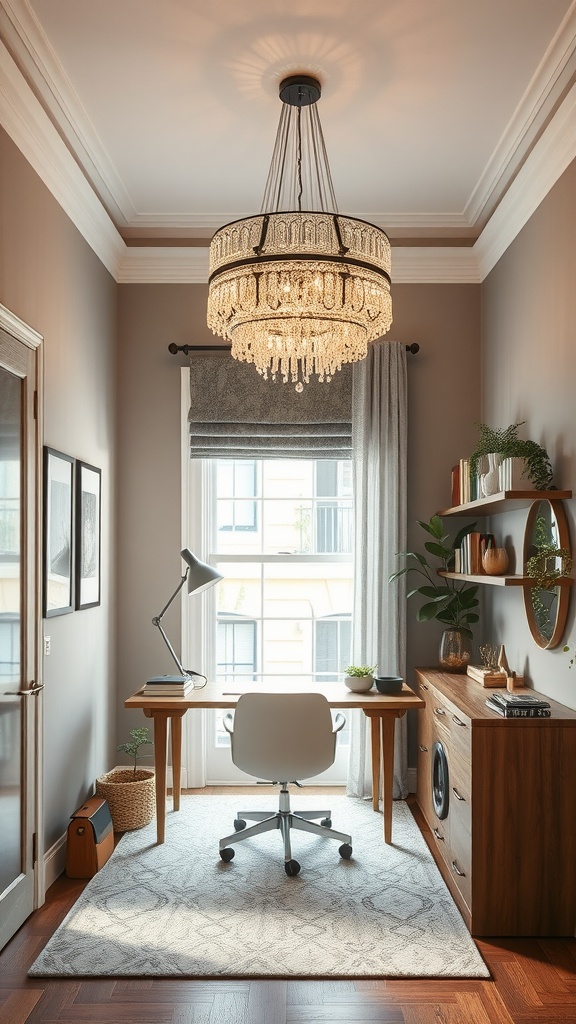 Stylish pendant light fixture hanging above a wooden desk in a cozy home office.