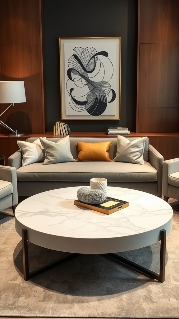 A stylish round marble coffee table in a modern living room setup with a couch and artwork on the wall.