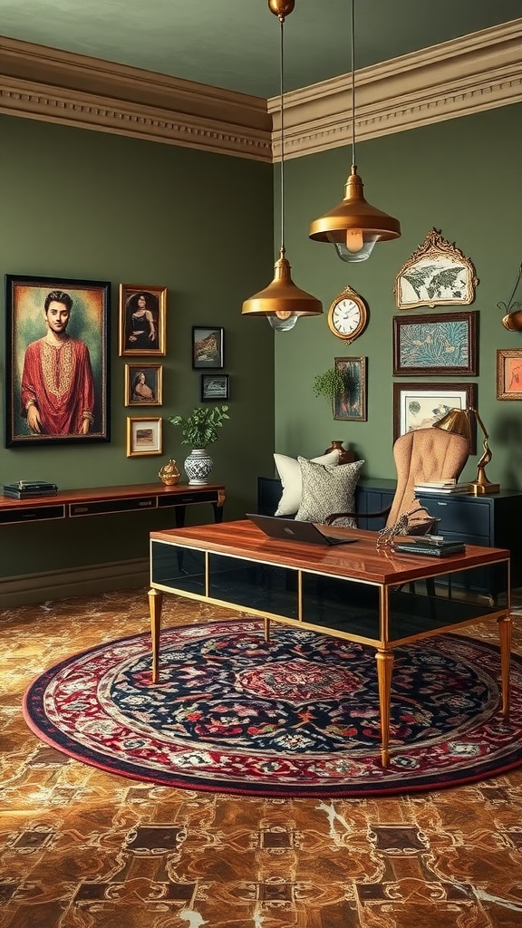 A cozy boho home office featuring olive green walls, statement pendant lights, and a stylish rug.