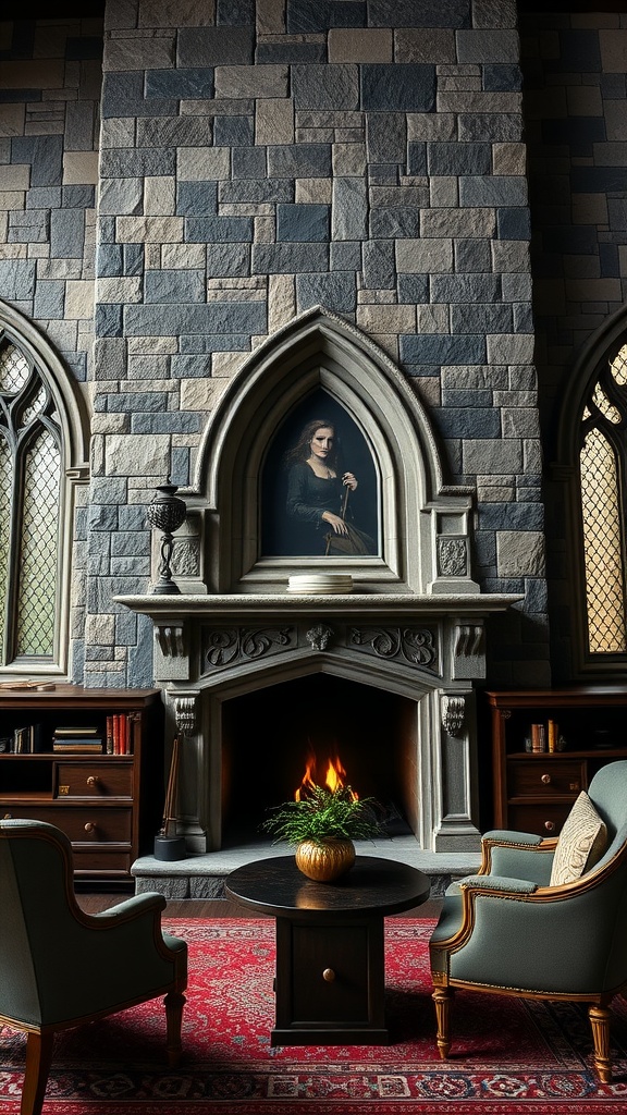 A stone fireplace in a gothic style interior with a portrait above it and cozy seating around.