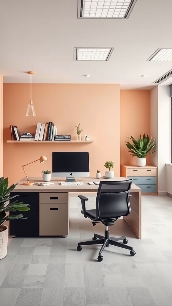 Minimalist office with a peach wall, simple desk, plants, and modern decor