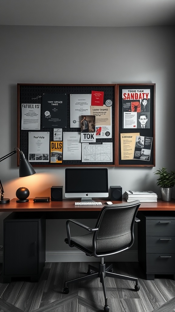 A well-decorated bulletin board in a modern masculine home office with a dark aesthetic.
