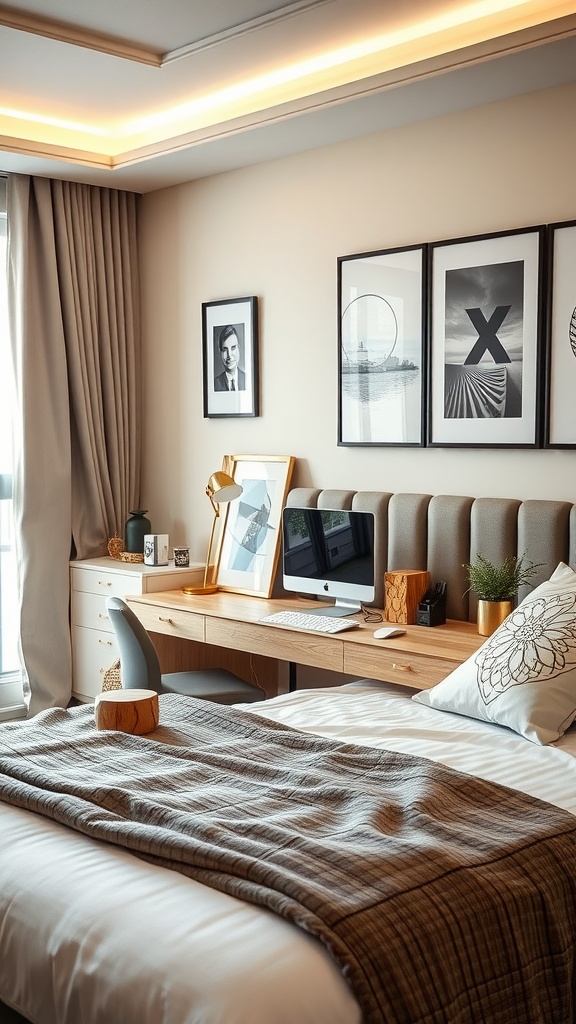 A stylish workspace in a modern bedroom featuring a white desk, computer, lamp, and plants.
