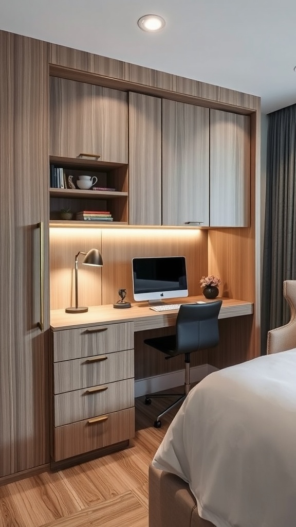 Stylish modern desk in a compact home office with a murphy bed