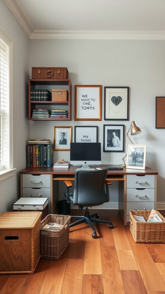 Stylish masculine home office with organized filing solutions including shelves, baskets, and a wooden desk.