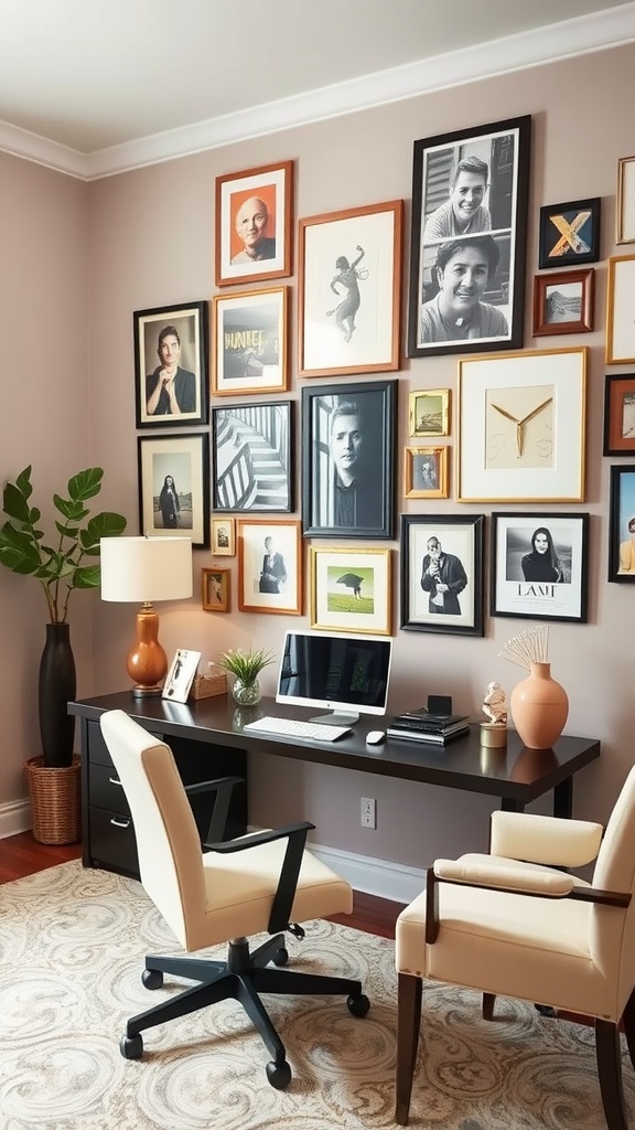 Gallery wall with various framed artworks in a home office setting