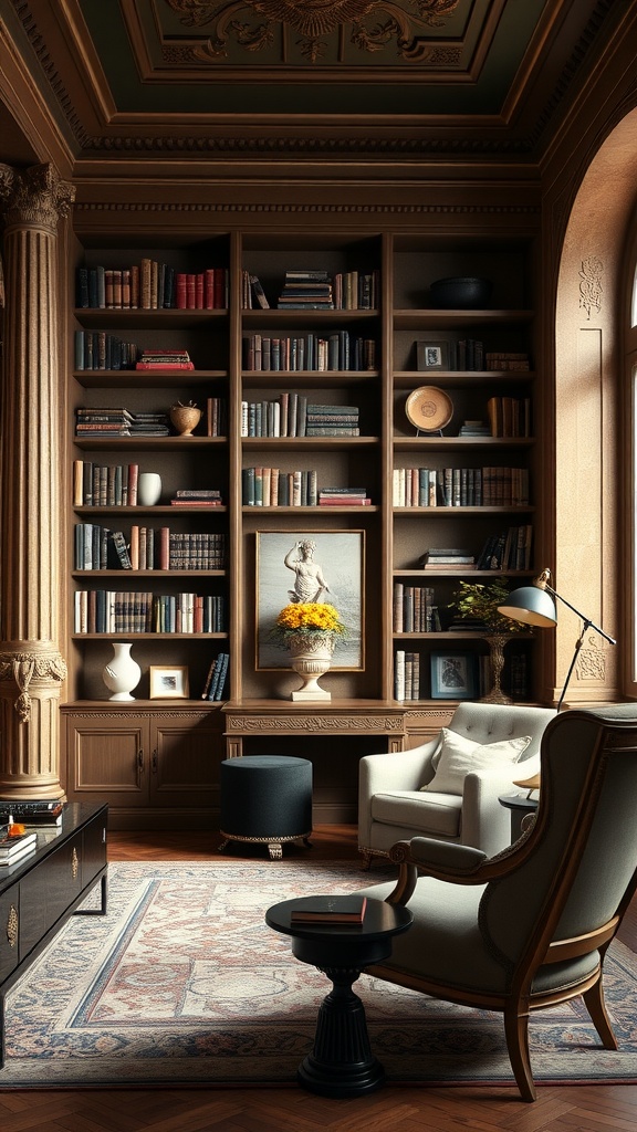 Stylish home office library inspired by ancient Roman architecture, featuring tall bookshelves, classic furniture, and an ornate ceiling.