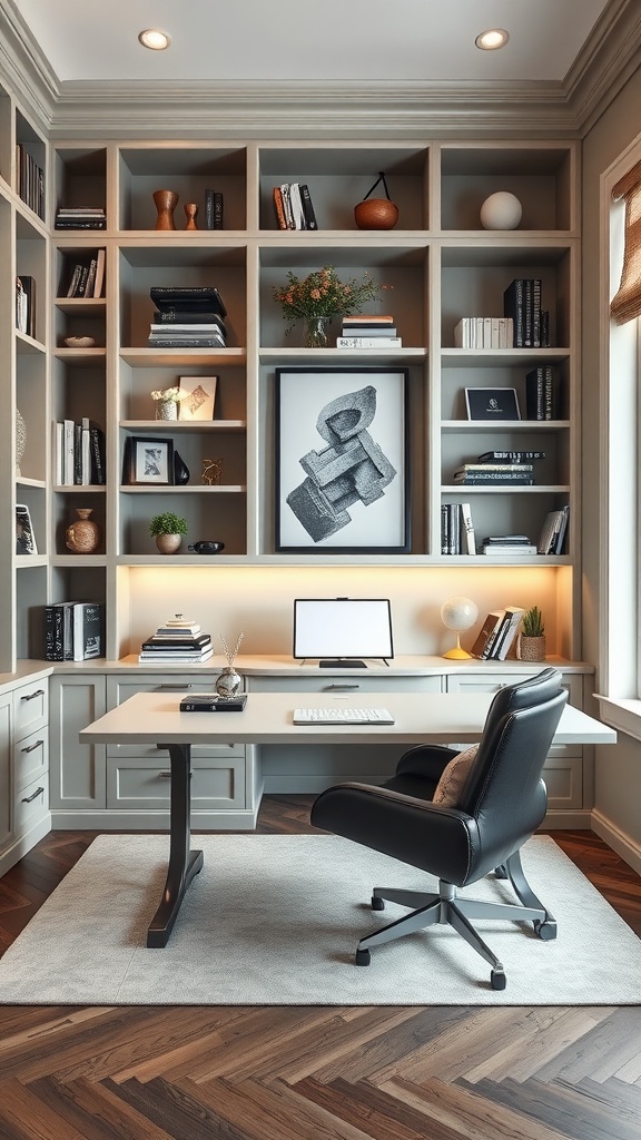 Stylish home office with built-in shelving and modern furniture