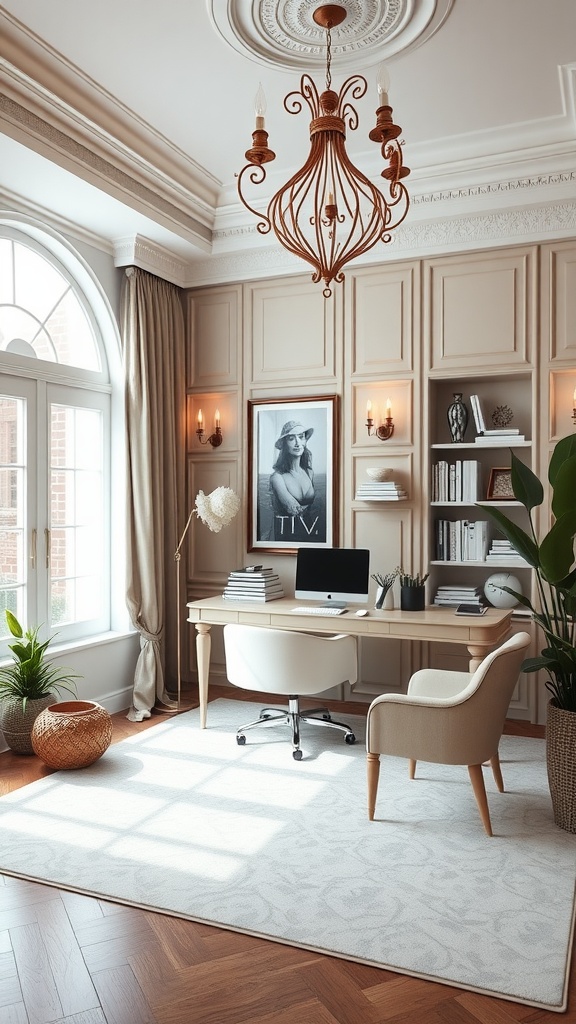 A stylish home office with a chandelier, light-colored walls, and modern decor.