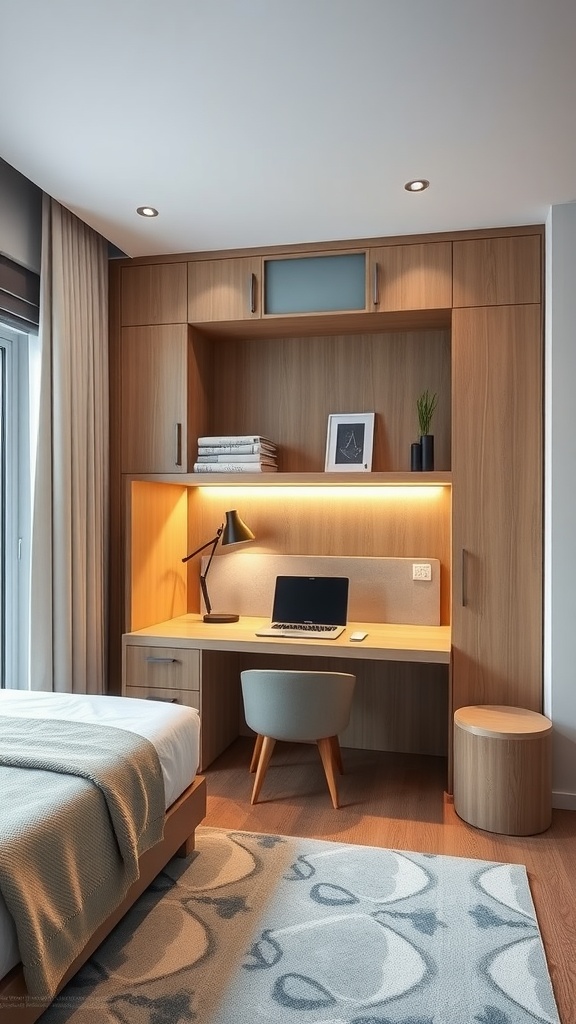 Stylish modern office space with wooden cabinetry and a workspace