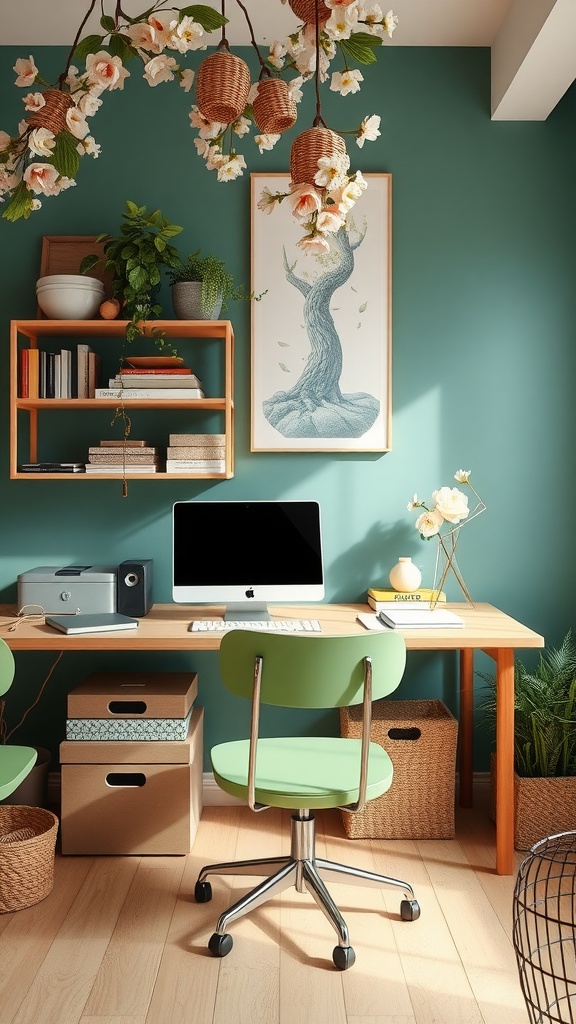A stylish home office with green walls, wooden furniture, open shelves, and hanging floral decorations.