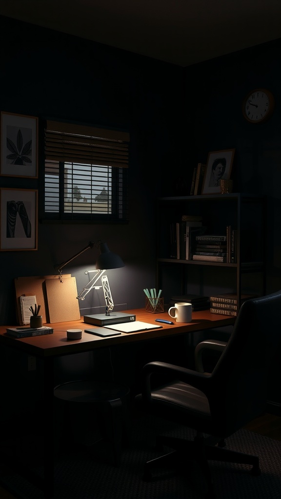 A stylish task lighting setup in a moody home office with a desk, lamp, and bookshelves.