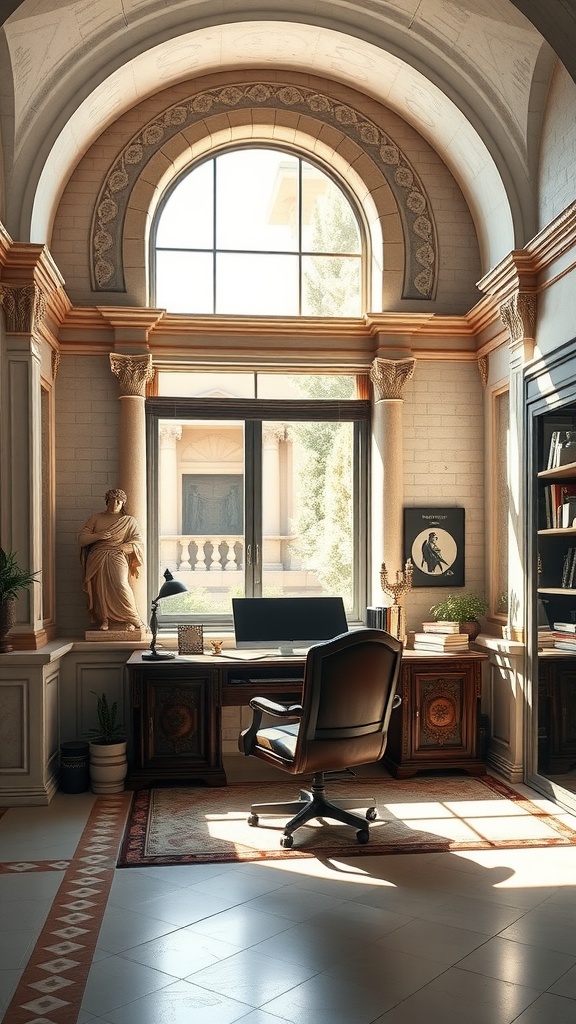 Home office featuring Roman architecture with a large window, stylish desk, and natural light creating an inviting atmosphere.