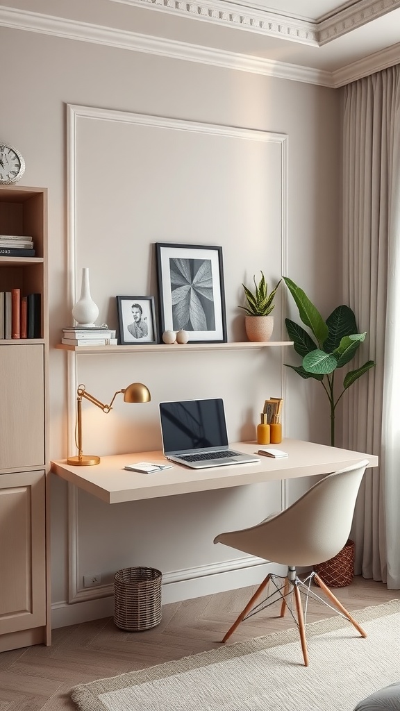 A stylish wall-mounted desk in a modern female home office, featuring a laptop, lamp, and decorative items.