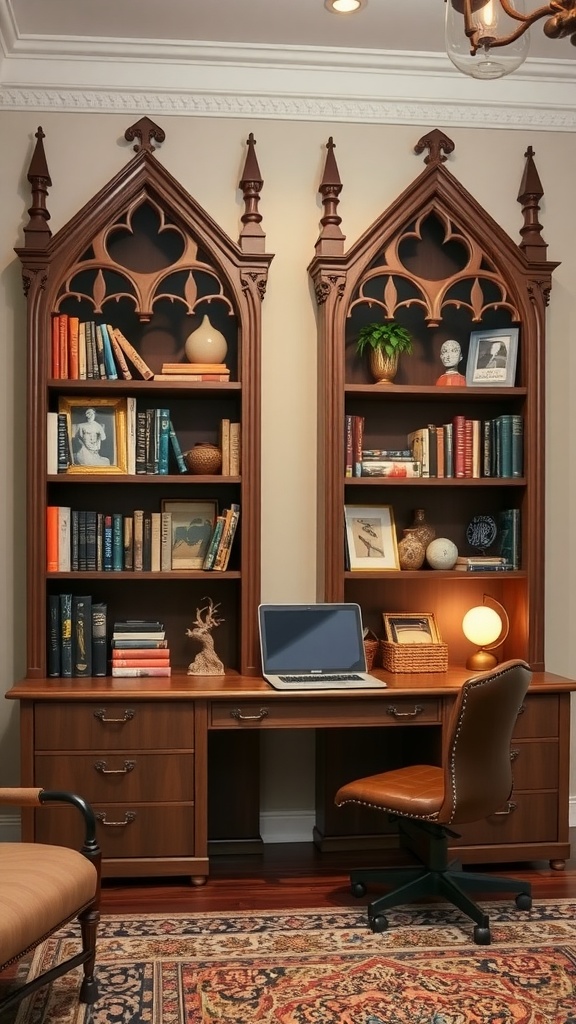 Stylized gothic bookcase with pointed arches and a cozy reading area.