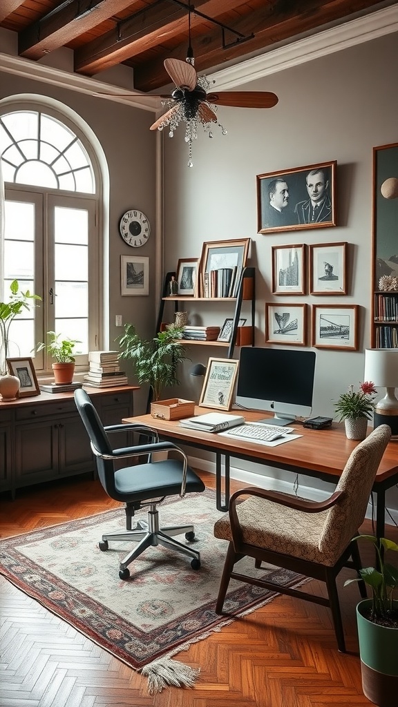 Stylized retro home office with wooden beams, framed photos, and office furniture