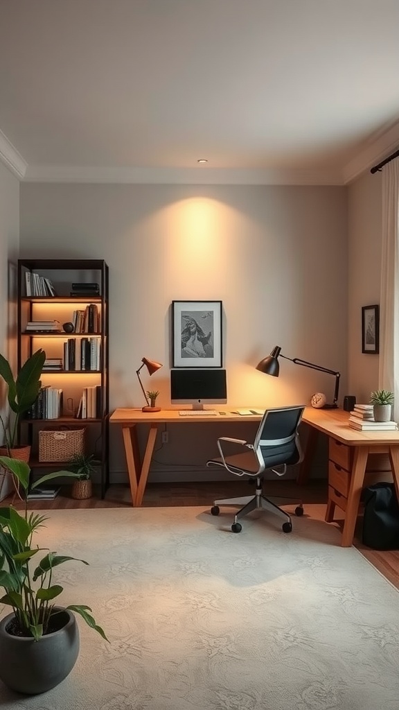 A modern home office with subtle accent lighting, plants, and minimalist furniture.