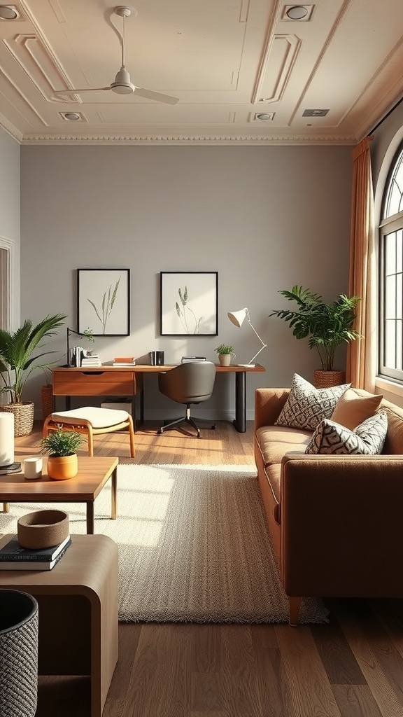 A stylish living room with earthy tones, featuring a cozy sofa, wooden furniture, and a home office setup.
