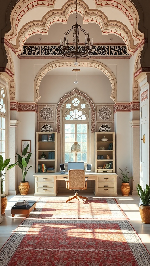 A beautifully designed home office inspired by Sufi and Islamic architecture, featuring detailed arches, a large desk, and natural lighting.