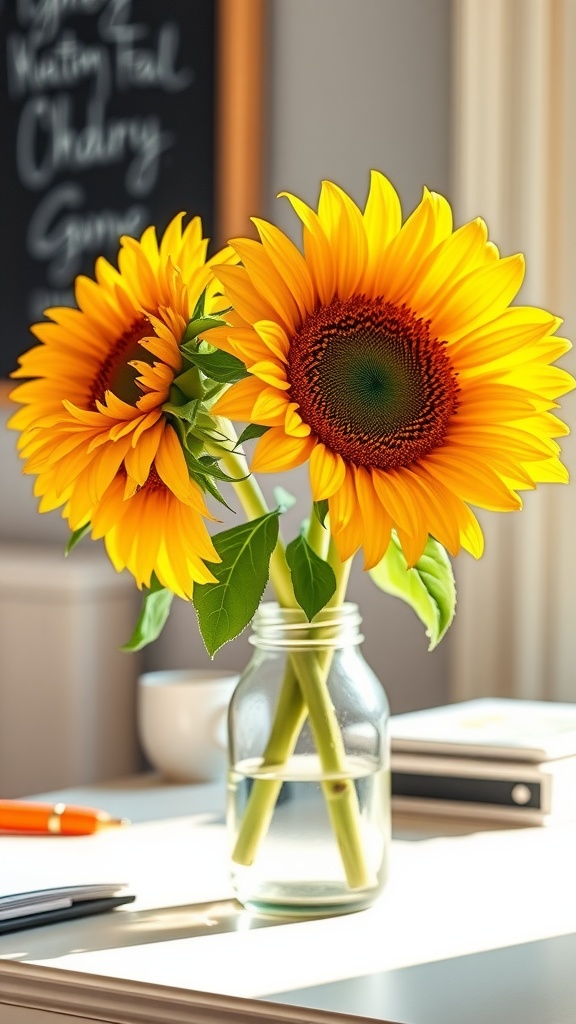 Bright sunflowers in a glass vase on a desk
