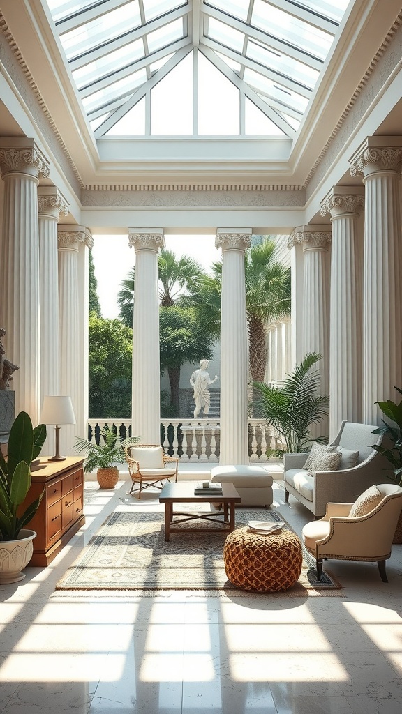 A sunlit atrium home office with columns, greenery, and a statue, featuring a modern yet classical design.