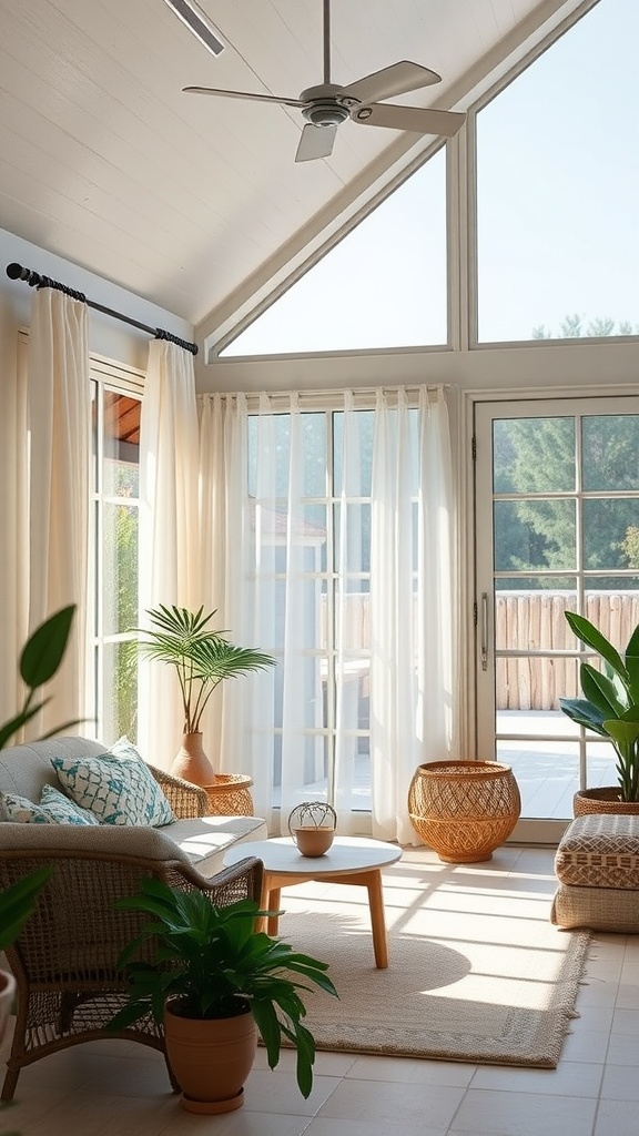 Bright sunlit room with large windows, plants, and cozy furniture.