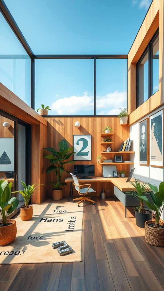 A modern eco-friendly home office with wooden accents, plants, and large glass windows.