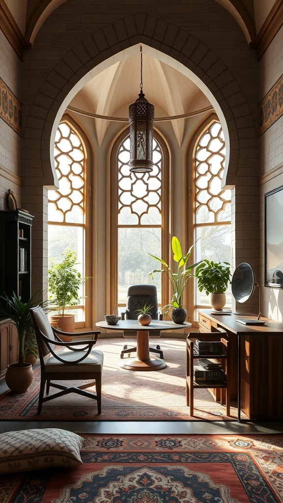 A beautiful home office with tall Islamic arch windows, natural light, plants, and traditional decor elements.