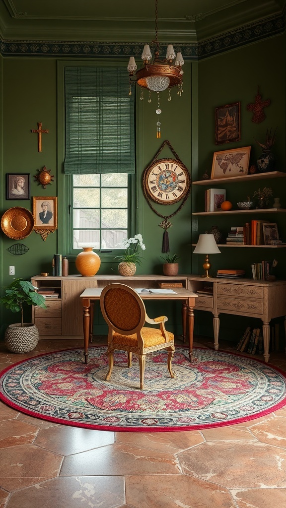 A cozy home office featuring olive green walls, vintage furniture, and bohemian decor elements.
