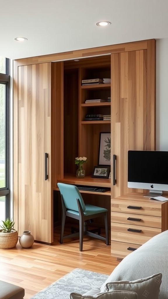 A cozy office space featuring a murphy bed and desk combo, with wooden elements and a plant.
