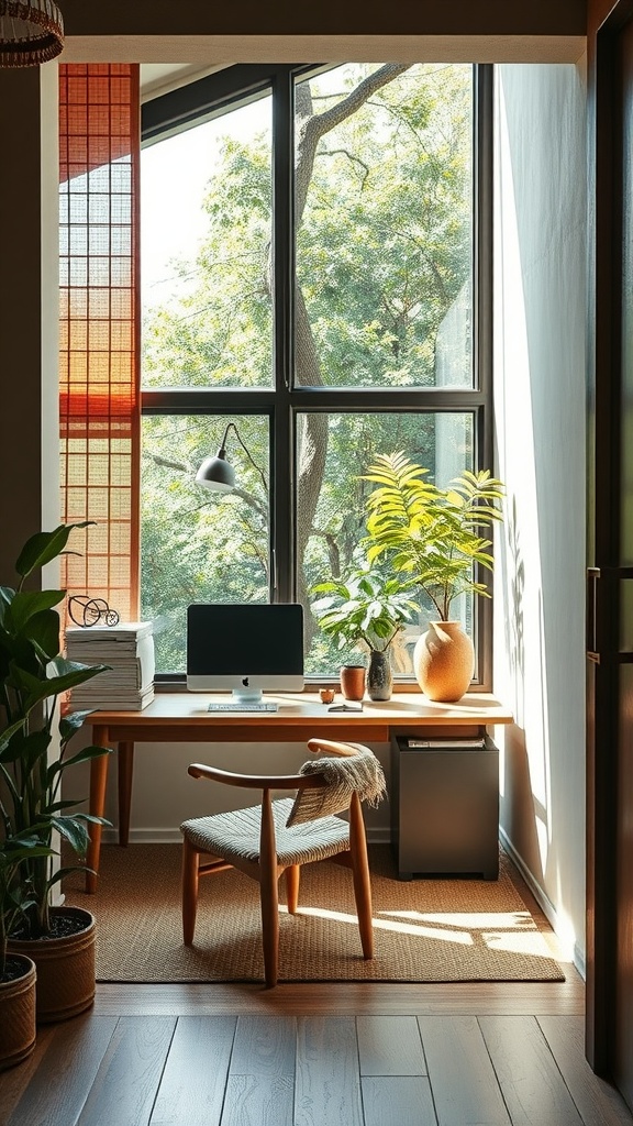 A modern Japandi style home office with natural light, plants, and sustainable wooden furniture.