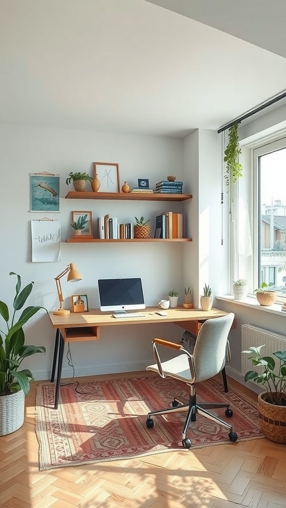 A bright and cozy home office featuring a wooden desk, plants, and a patterned rug.
