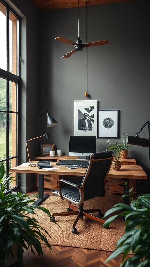 A modern masculine home office featuring a wooden desk, comfortable chair, plants, and natural light.