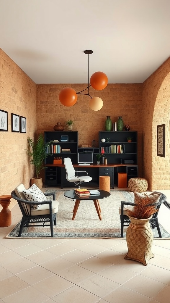A stylish home office featuring coral stone walls, modern furniture, and decor inspired by African architecture.