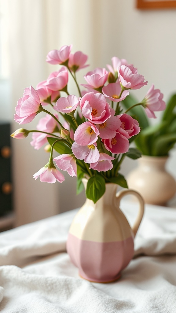 A bouquet of pink sweet peas in a vase on a table, adding a romantic touch to a home office.
