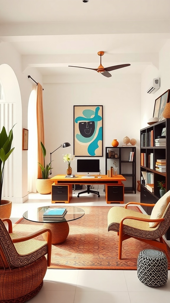 Stylish home office with Tanga coastal architecture elements, featuring warm tones and artistic decor.
