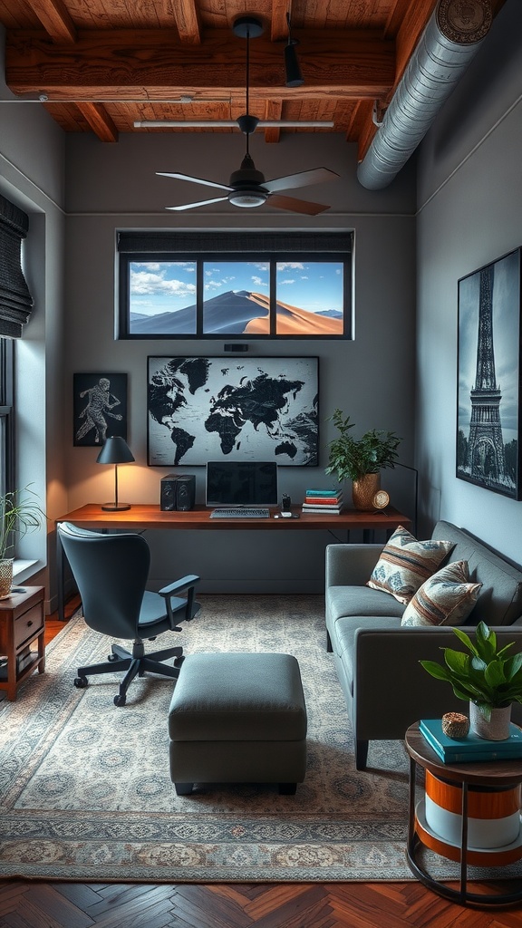 A stylish office room with a tech-free relaxation zone, featuring a comfortable chair, desk, and plants.