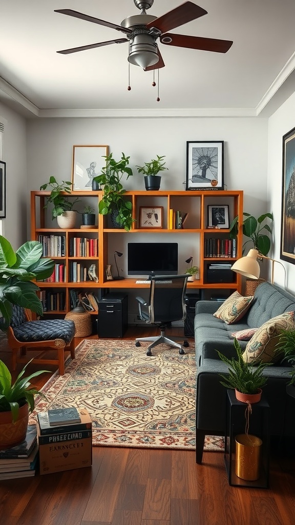A tech-free home office featuring plants, a wooden bookshelf, and a cozy seating area.