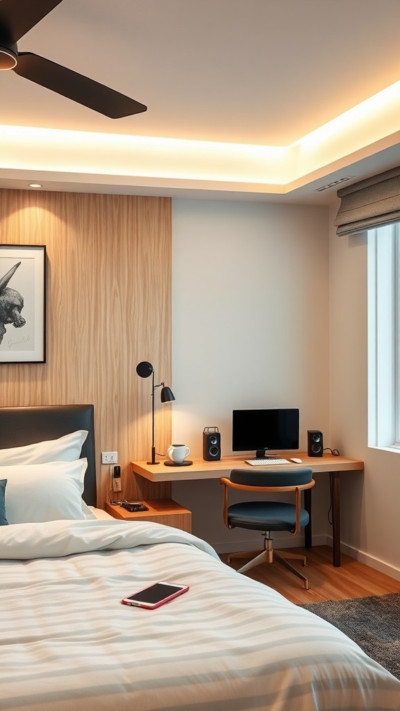 A cozy bedroom with a desk and computer setup, showcasing a tech-friendly interior design.