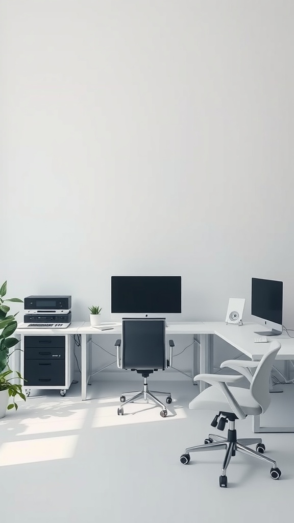 A modern minimalist office space featuring dual monitors, a printer, and a sleek desk setup with plants.