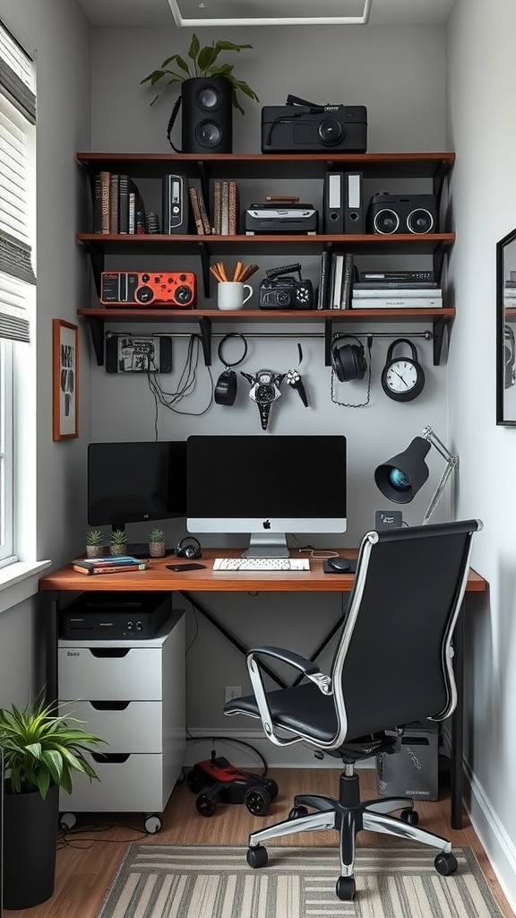 A compact home office with tech-friendly organizers, featuring shelves with books and gadgets, a sleek desk, and a comfortable chair.