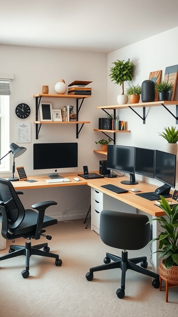 A modern home office setup featuring ergonomic chairs, multiple computer monitors, and stylish wooden shelves with plants.
