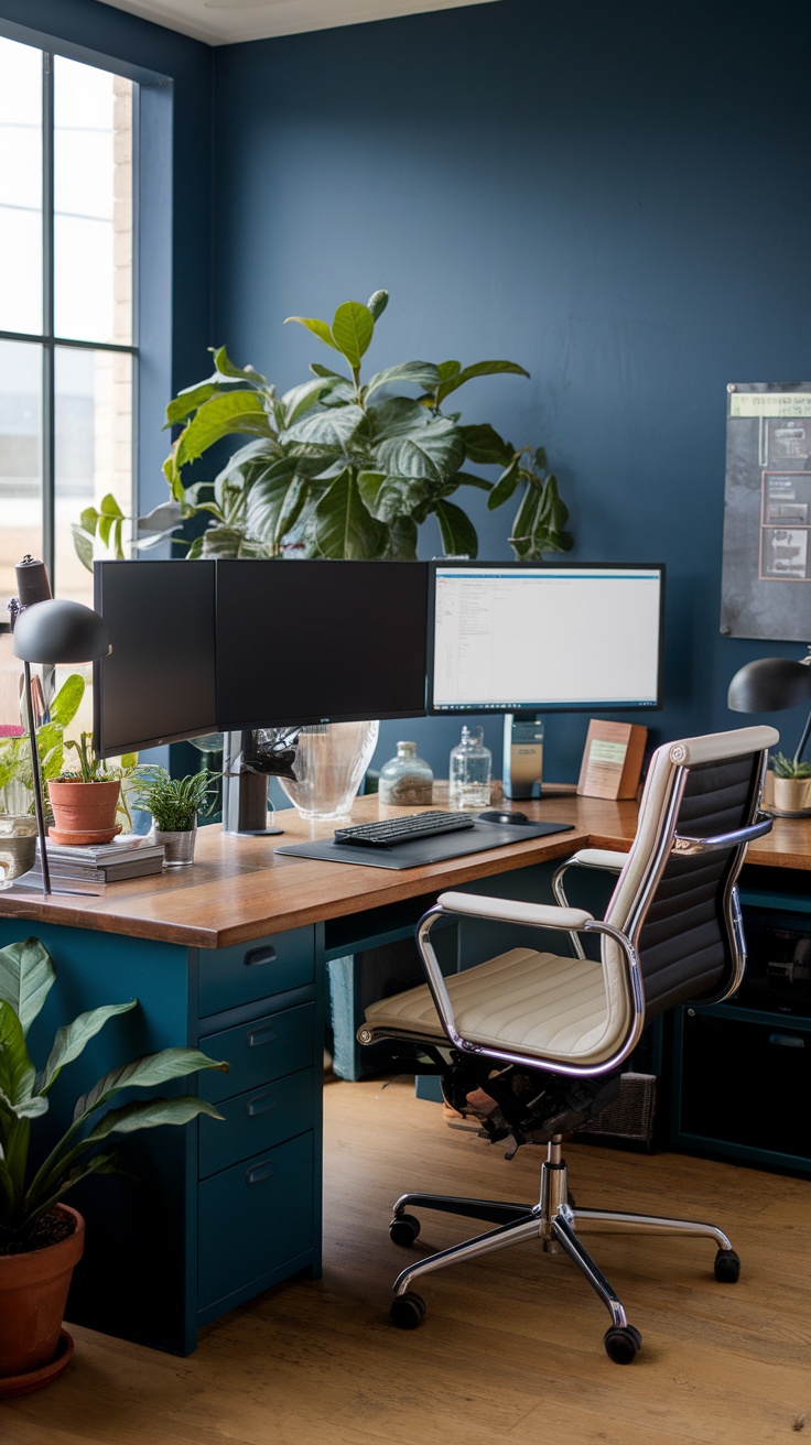 A tech-friendly workstation setup featuring multiple monitors, a comfortable chair, and a cup of coffee.