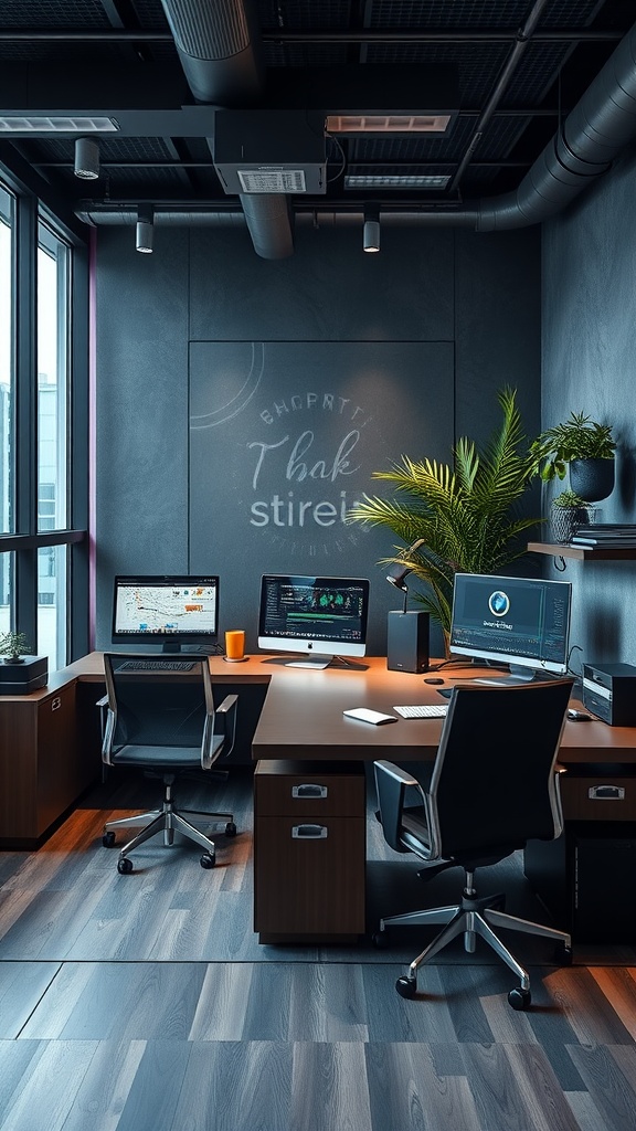 A modern tech-savvy office setup featuring two ergonomic chairs and multiple monitors with a sleek design.