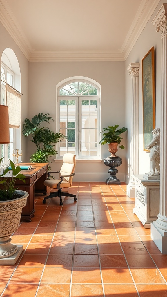 A bright home office featuring terracotta tiled floors, large windows, and elegant decor.