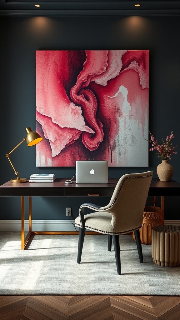 Textured canvas art with soft colors and geometric shapes.