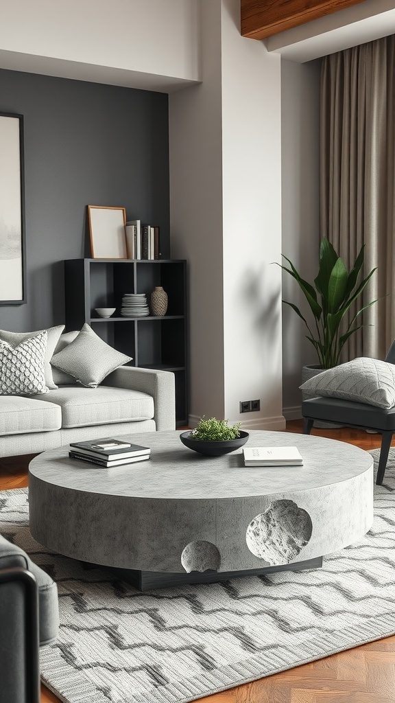 A stylish textured concrete coffee table in a modern living room setting