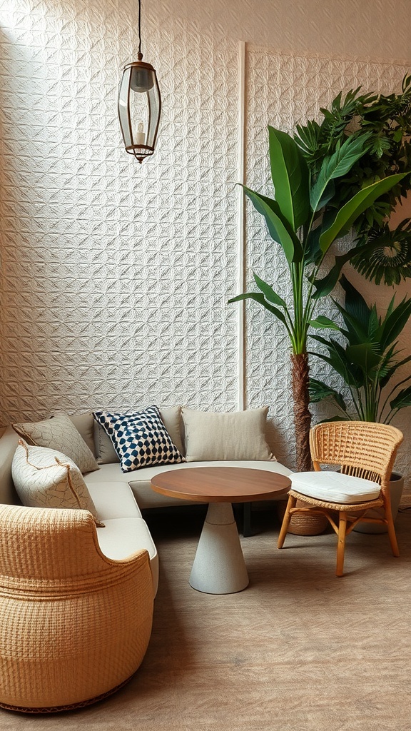 A cozy sitting area with textured fabrics, a patterned throw, and a plant, showcasing Mediterranean interior design.