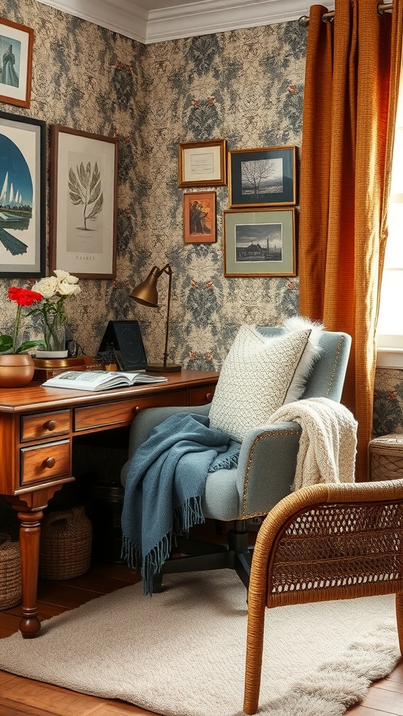 A cozy home office setup featuring a vintage chair with a textured white throw, a floral arrangement, and a framed piece of art, all contributing to an English cottage aesthetic.