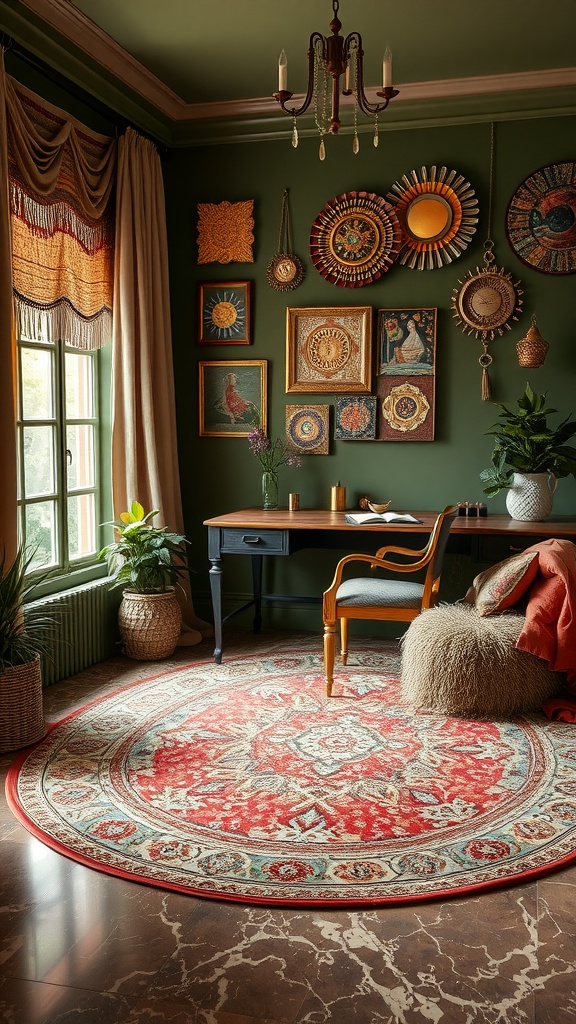 A cozy home office featuring olive green walls, a round patterned rug, textured pillows and throws, and decorative wall art.